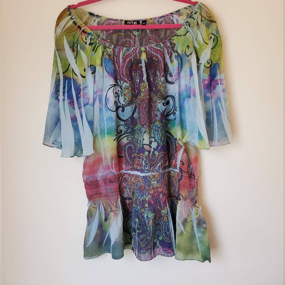APT 9 Colorful Sheer Voile Blouse with Flutter Sleeves